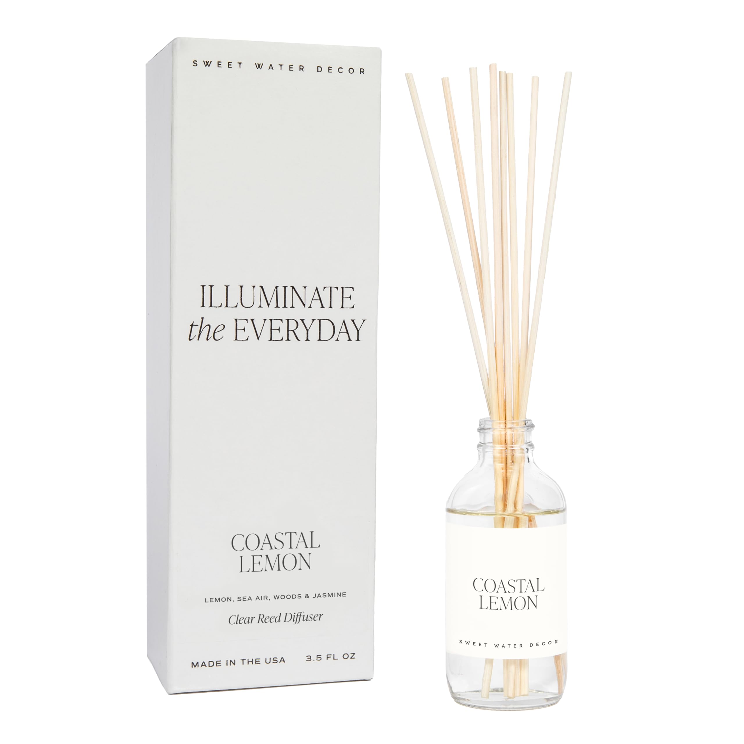 Sweet Water Decor Coastal Lemon Clear Reed Diffuser – Room Decor Aesthetic with Long-Lasting Premium Fragrance of Lemon, Sea Salt, Jasmine &amp; Driftwood for 4 Months – Ideal for Home Décor