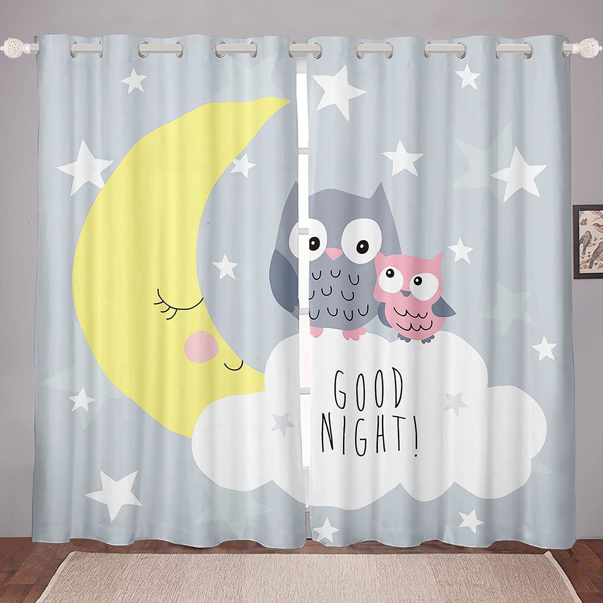 Children window curtain cute owl for girls boys teenagers moon star cloud pattern curtains gray 100% microfiber curtains W52*L90