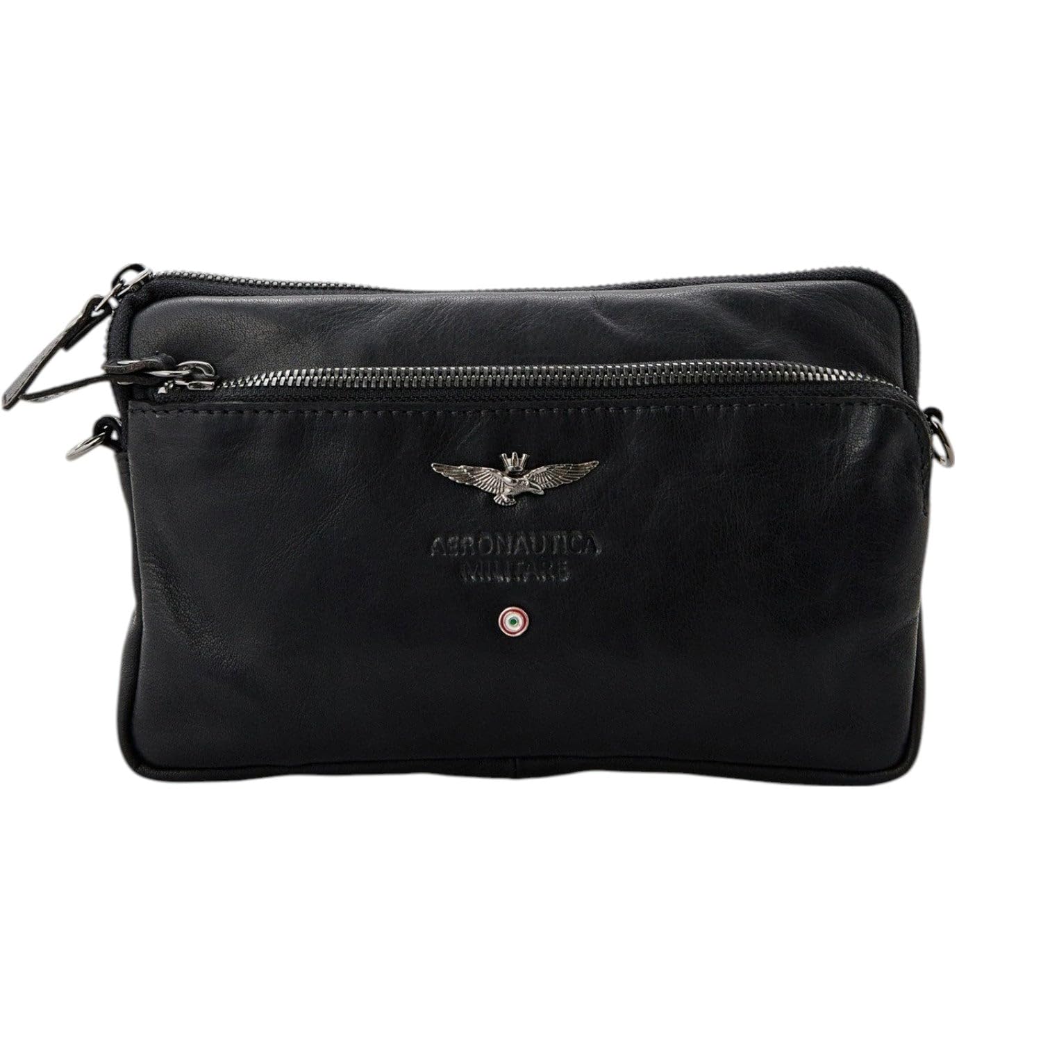 Aeronautica Militare Clutch con gancio da poso e tracolla regolabile removibile, scomparto principale organizzato, tasche esterne, una sul frontale ed una sul restro chiuse con zip. La particolare lav