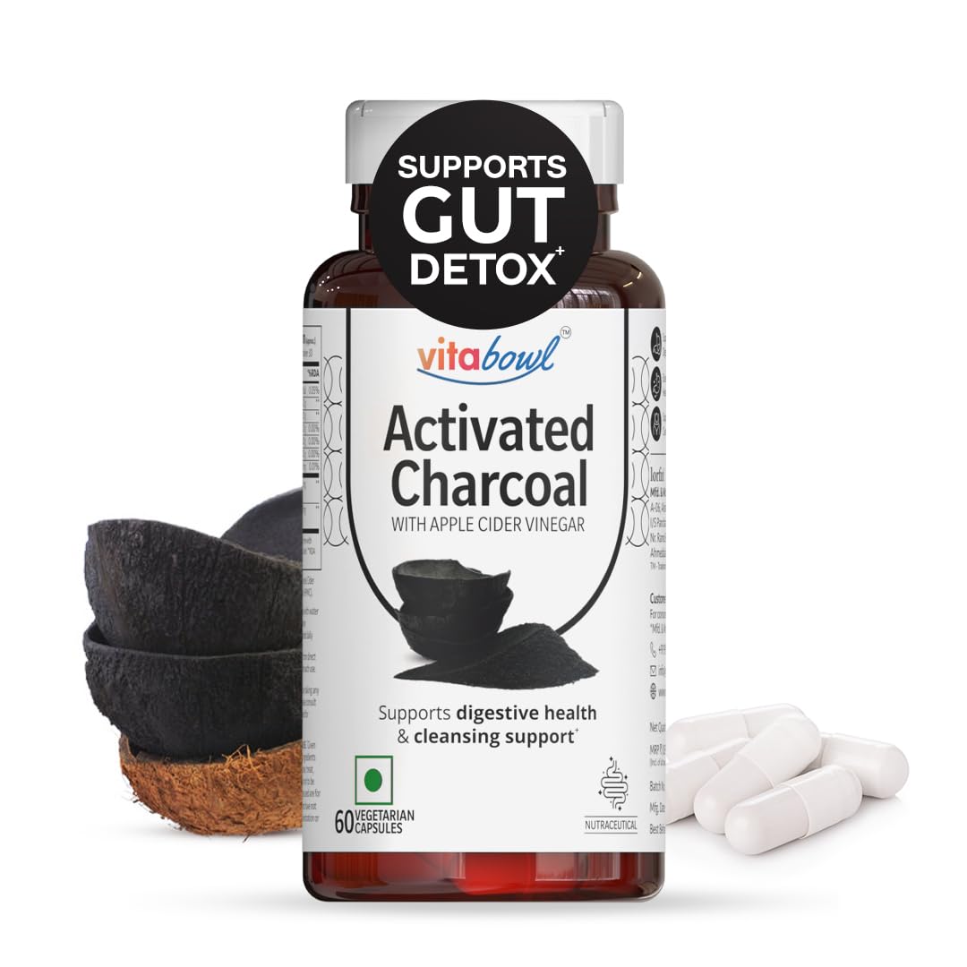 Activated Charcoal with Apple Cider Vinegar | Organic Coconut Shell Derived | Helps in Digestion, Bloating, Liver & Kidney Detox | 60 Veg Capsules