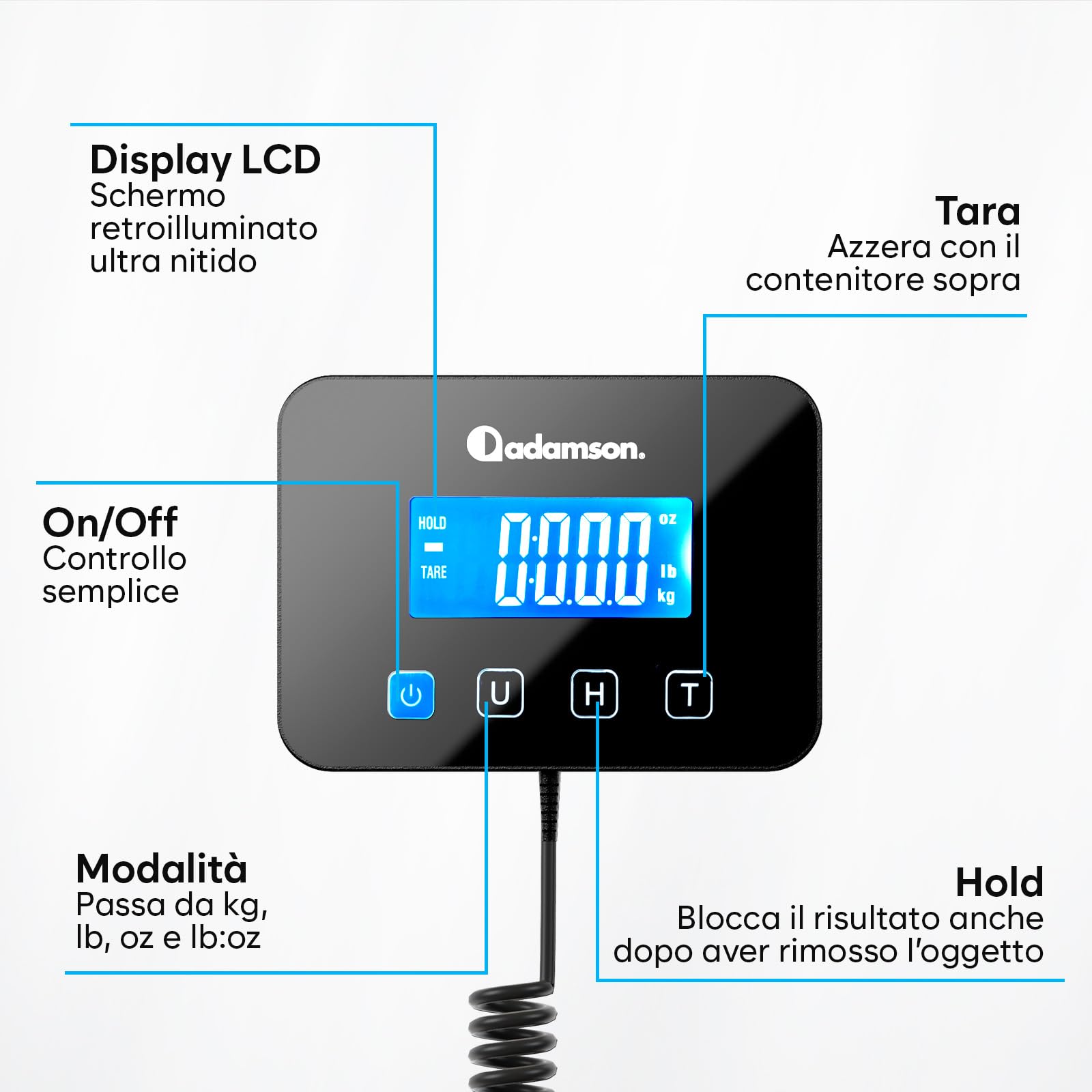 Bilancia Professionale 200 kg/10 g Alta Precisione con Funzione Hold/Tara per Pacchi Bagagli Uso Industriale Nero Opaco