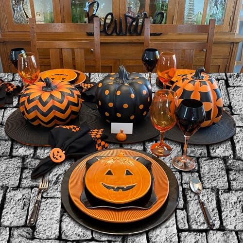 Image of WNINK 4 Pack Stone Wall Tablecloths, Medieval Brick Stone Plastic Table Cover Decoration for Halloween Birthday Party Supplies Medieval Castle Knight Themed