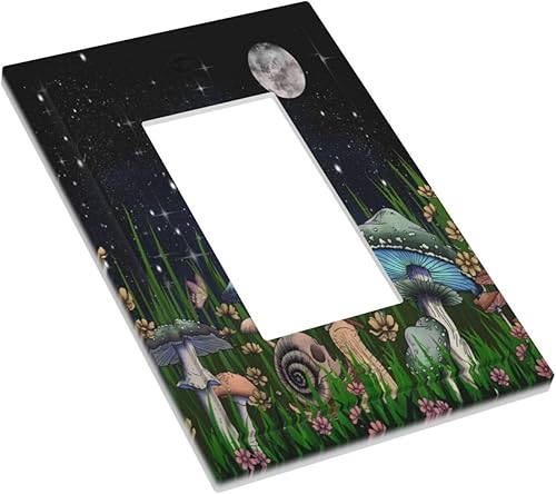 Miniatura 3 de Placa decorativa de pared con diseño de hongos, plantas, hojas, caracoles, luna, luz de luna, bosque de 1 banda, placa de pared decorativa GFCI para