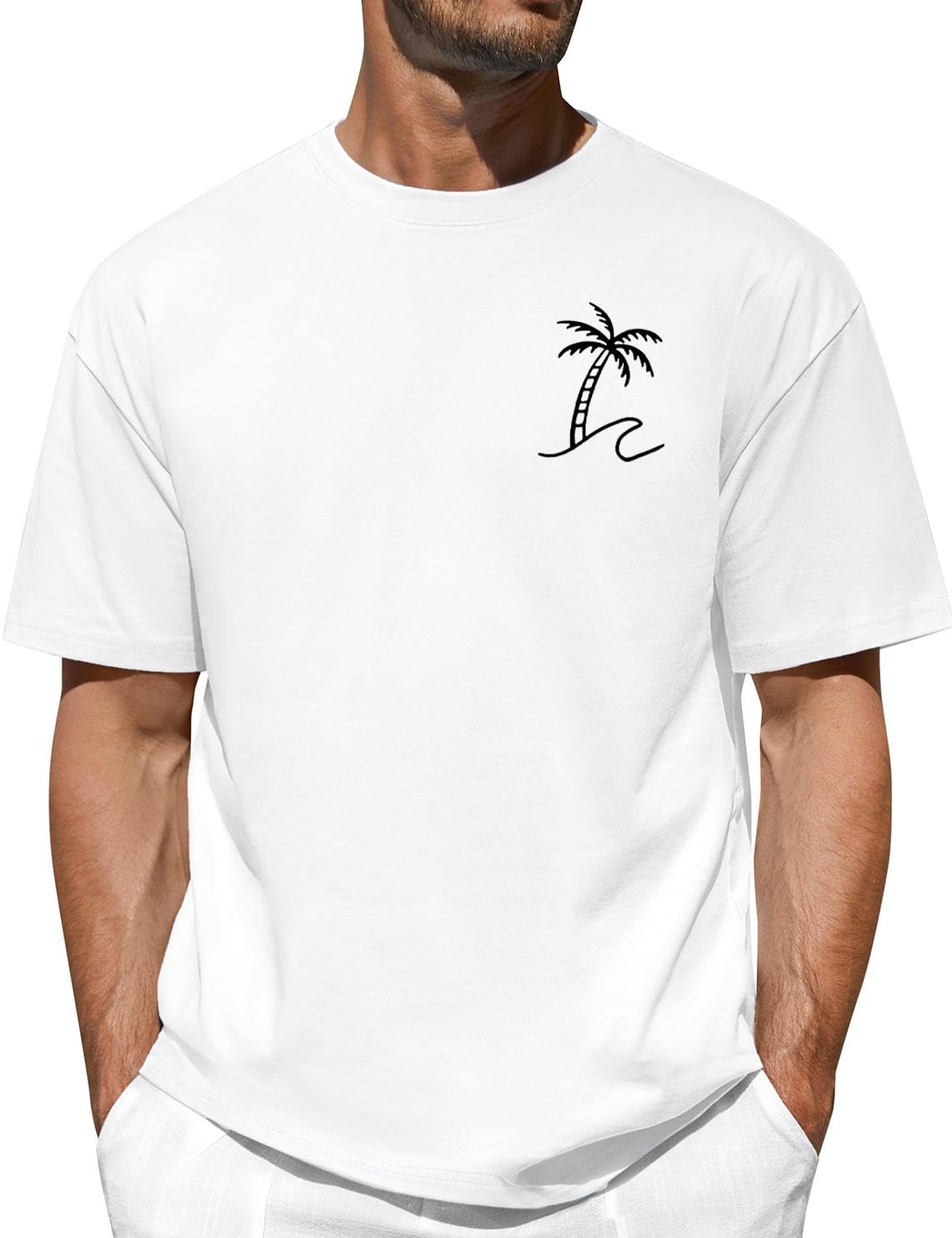 Lonya Herren Oversize T Shirt Sommer, Baumwolle Rundhals Kurzarm, Kokosnussbaum Strand Sonnenuntergang Palm Bedruckte Streetwear Basic Casual Oberteile Top