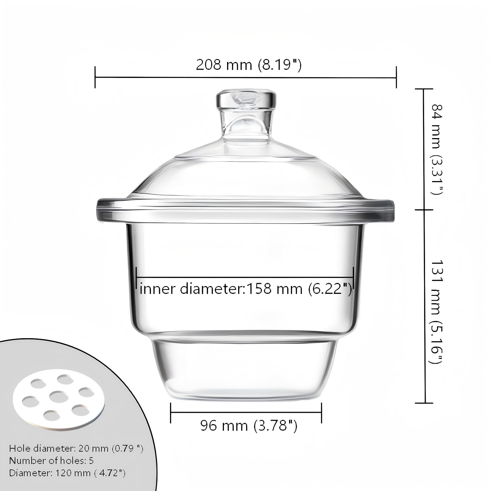 Labor-Exsikkator aus Borosilikatglas, korrosions- und hitzebeständig, entfeuchtend, geeignet zum Trocknen und Aufbewahren von Reagenzien, Mikroskoplinsen usw Transparent 150mm