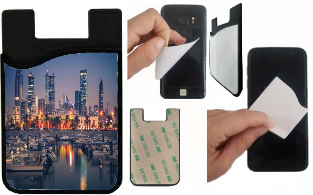 Island Gifting Neoprene Stick-on ID Card Holder for iPhone/Galaxy/Google Android Cases Featuring Image of Skyline of Kuwait City at Evening