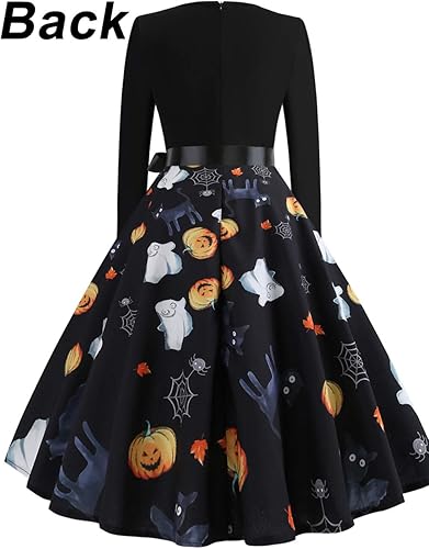 Miniatura 2 de Vestidos de Halloween para mujer de manga larga vestido de cóctel swing esqueleto calabaza impreso fiesta de disfraces disfraz para fiesta