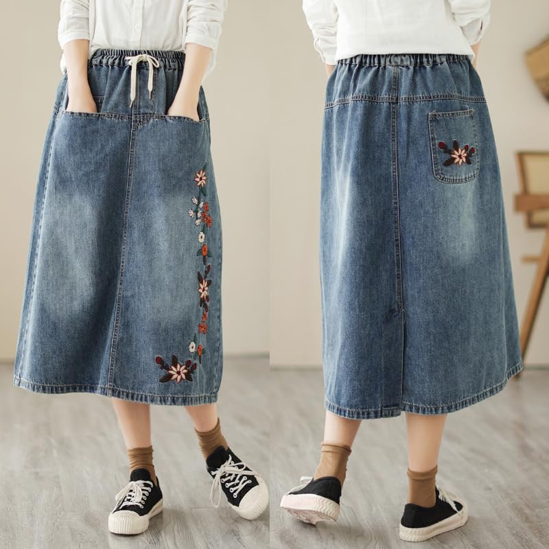 Women's Floral Printed Vintage Midi Denim Skirts Elastic High Waist Casual Loose A-Line Long Jean Skirts with Pockets2