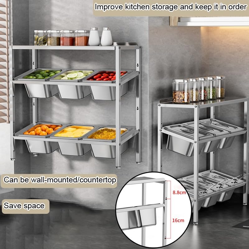 Étagère à épices en acier inoxydable, distributeur d'assaisonnements et sauces, pour buffet et cuisine, garde-manger, présentoir à fruits (argent-D, 53 x 18,5 x 53 cm)
