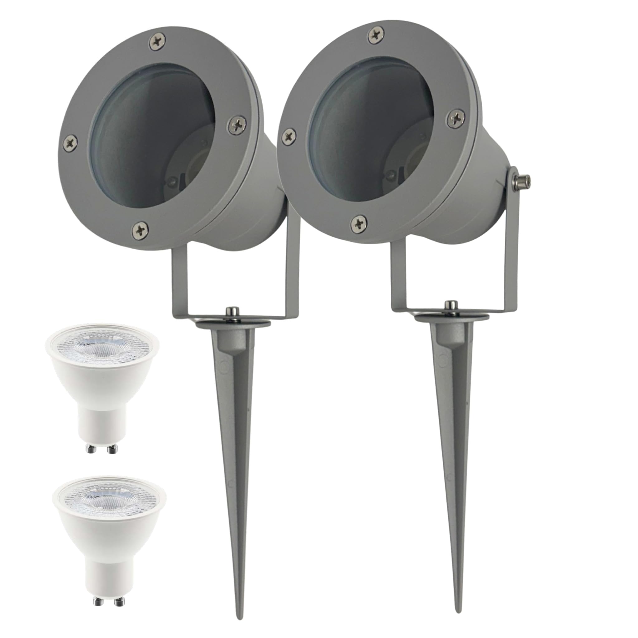 B2C GU10 Outdoor Garden Spike Light IP65 Waterproof Landscape Spotlight Adjustable Ground Light, Max 35W Bulb Included (2, Grey, Neutral White - 4000K)