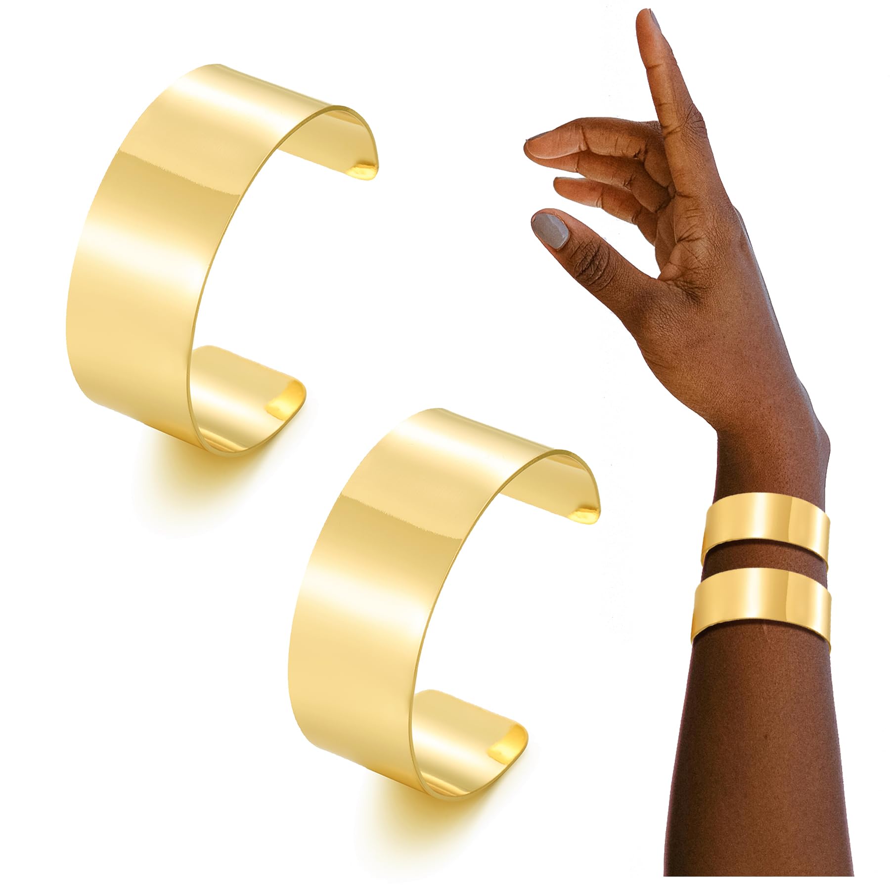 BOMAIL 2PCS Cuff Bangle Bracelets for Women - 14k Gold Plated Adjustable Open Statement Wide Bangles Gold Sliver Wrist Cuff Wrap Bracelets Jewelry