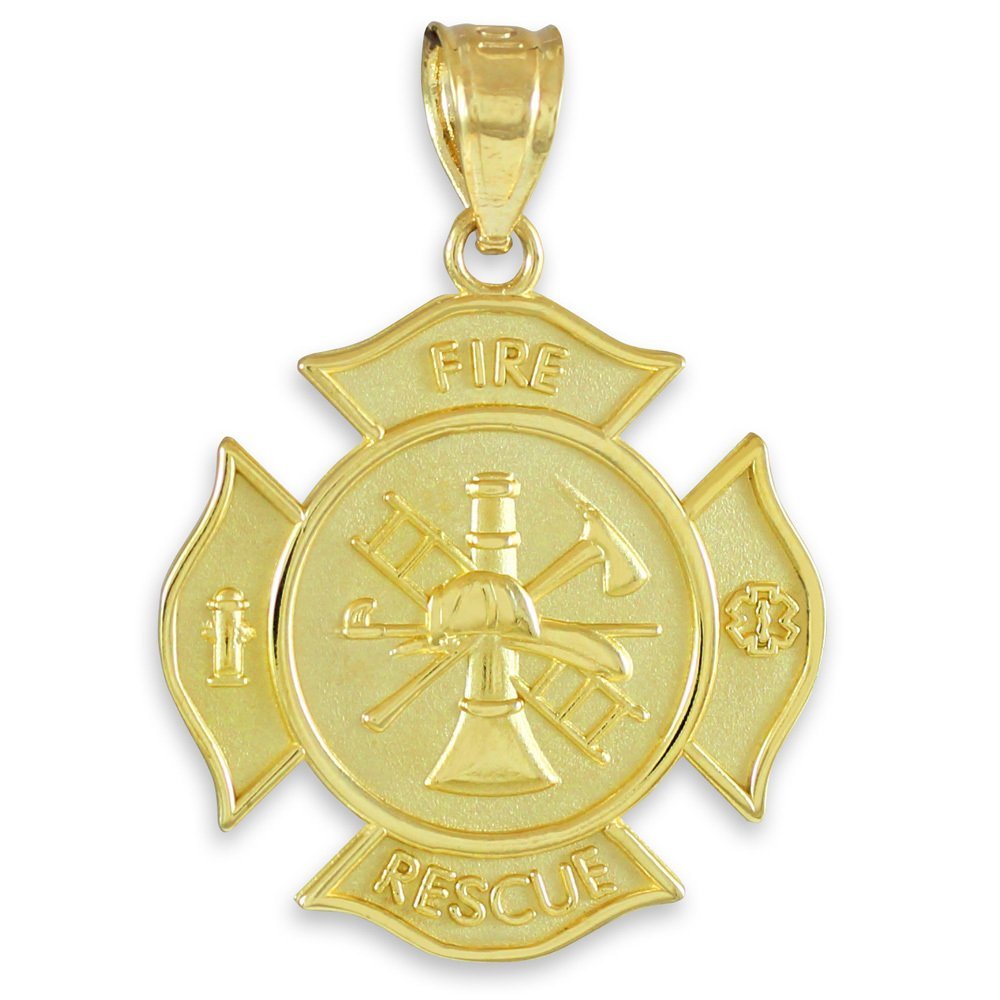 Solid 14k Yellow Gold FD Medal-Style Badge Rescue Firefighter Pendant