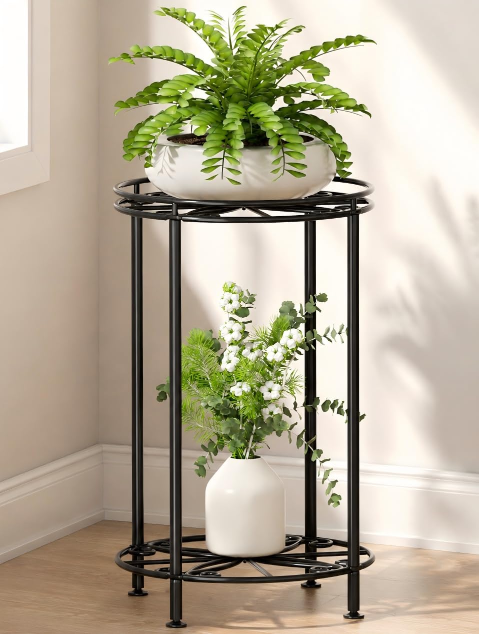 Support pour plantes en métal à 2 niveaux étagère porte-pot de fleurs noir