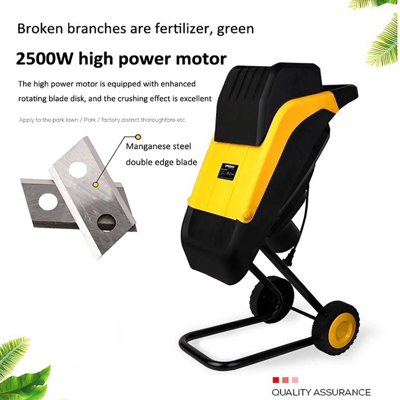 Trituradora eléctrica de madera de 2500 W, diámetro máximo de 35 mm, incluye bolsa de recogida de 50 L, trituradora de jardín para hojas y ramas