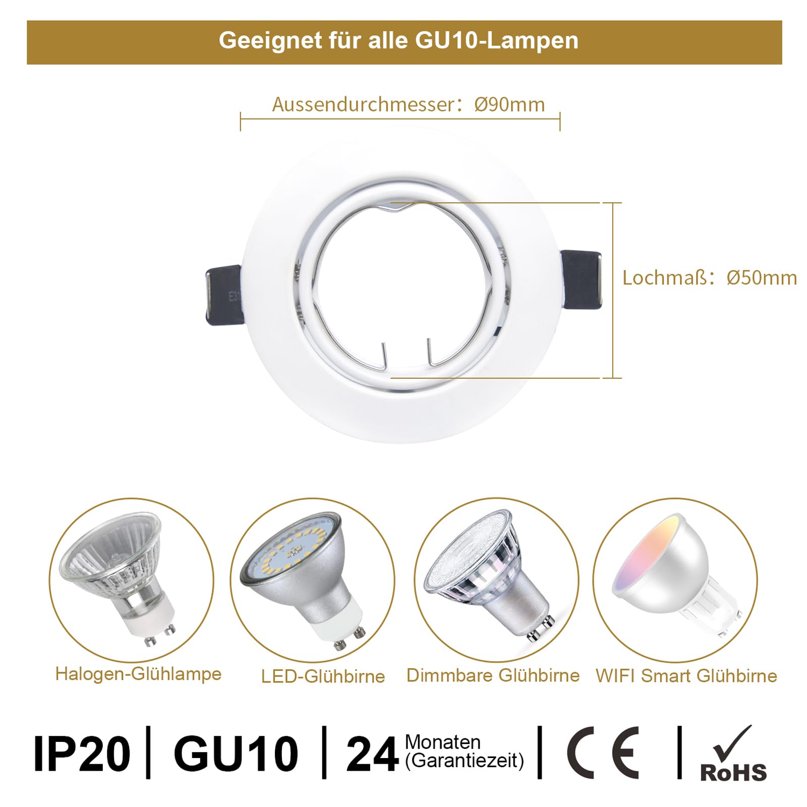 6-częściowy reflektor LED do zabudowy GU10 rama 68-85 mm spoty sufitowe wychylne reflektory LED 230 V białe okrągłe ramki do zabudowy z oprawą GU10