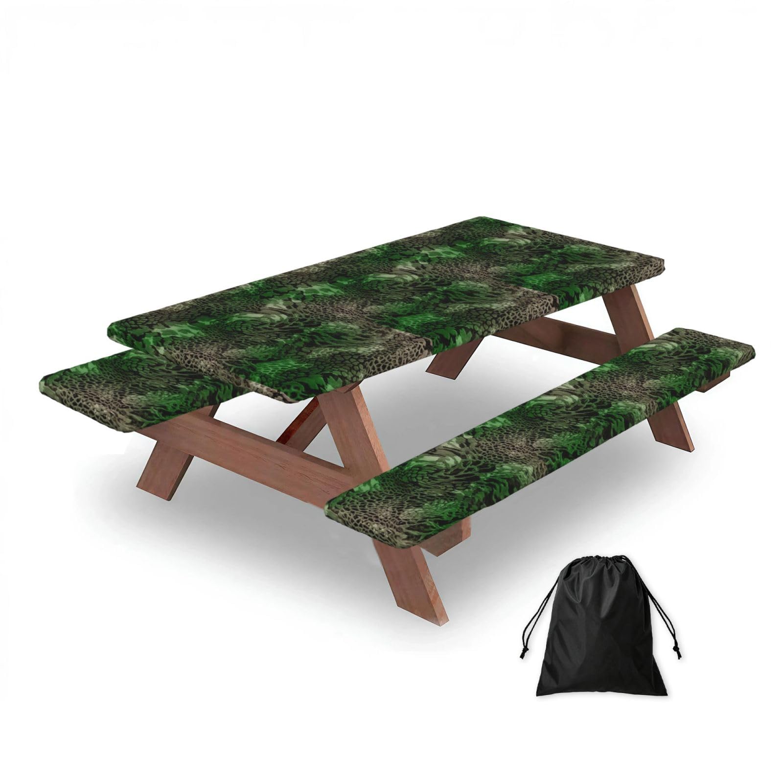 Dopklna As Picture Green Snake Printed, Picnic Table Cover With Bench Covers -Waterproof Elastic Fitted Tablecloth For Garden Camping Patio 76X152cm