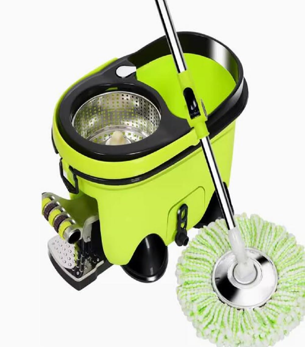 Juego De Cubo De Fregona para Suelos Giratoria con Pedal - Mango Telescópico 111-132Cm - Juego De Fregona Y Cubo, Mopas De Limpieza De Suelos con 4 Almohadillas De Microfibra,Verde