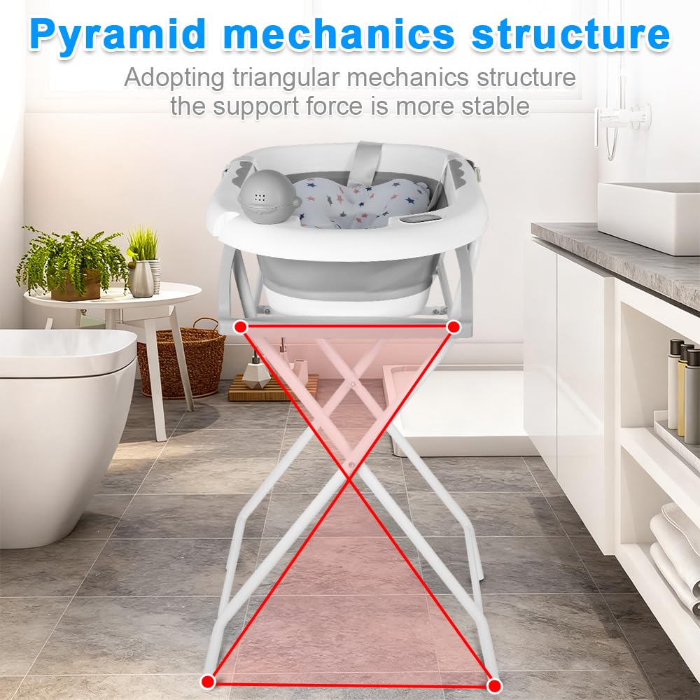 Bañera de bebé plegable en pie, bañera con soporte, cómoda cuenca plegable bebe ldeal con cojín de baño de bebe y termómetro integrado para recién nacidos y pequeños (gris)