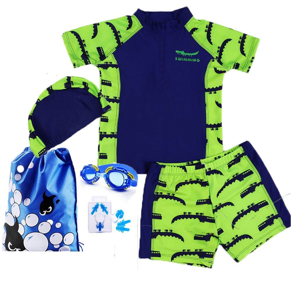 Monvecle Little Boys' 6-Pieces Short Sleeve Rash Guard Swimsuit Set with Swim Cap UPF 50+ Green-1 7-8y