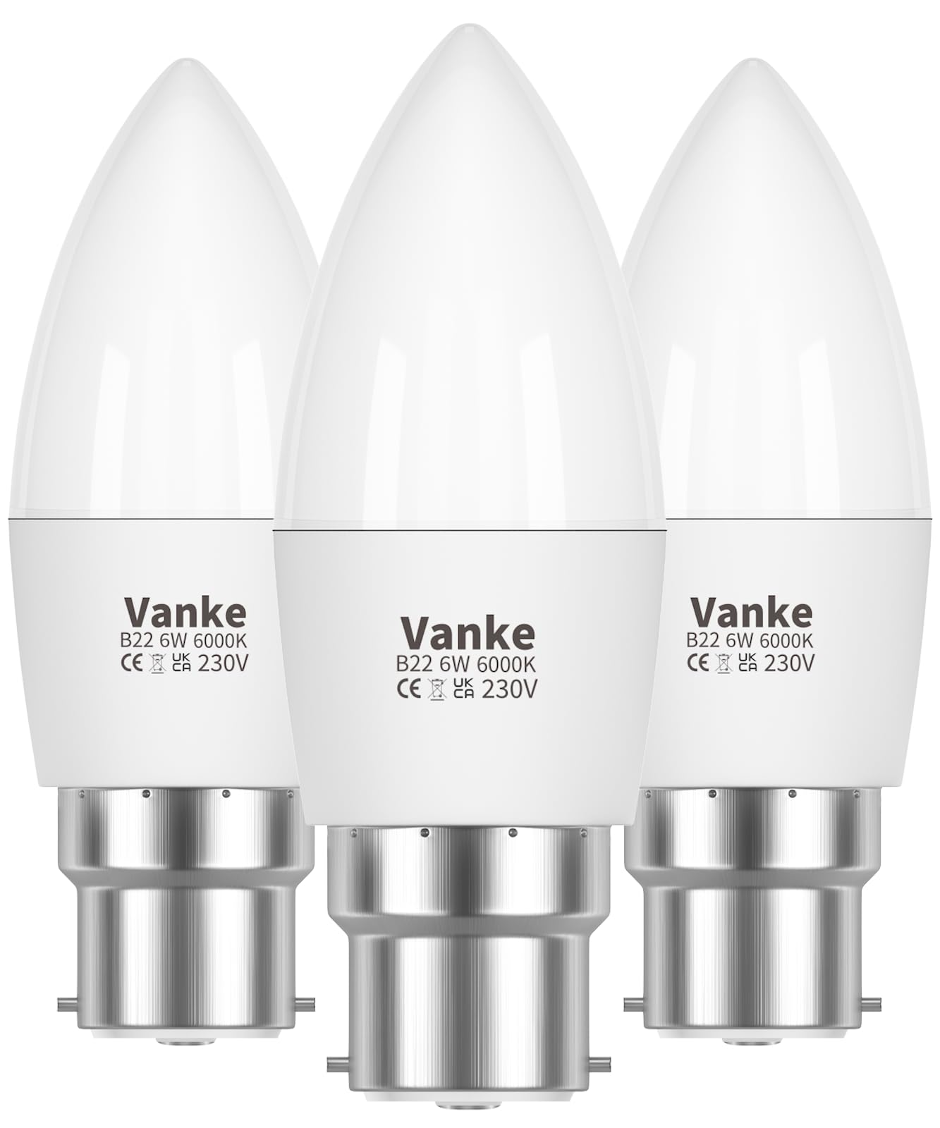 Vanke Bayonet Candle Light Bulb 40w Equivalent, B22 LED Bulbs Cool White 6000K, 6w Energy Saver Bulb, 470 Lumen, Non-Dimmable, 3-Pack