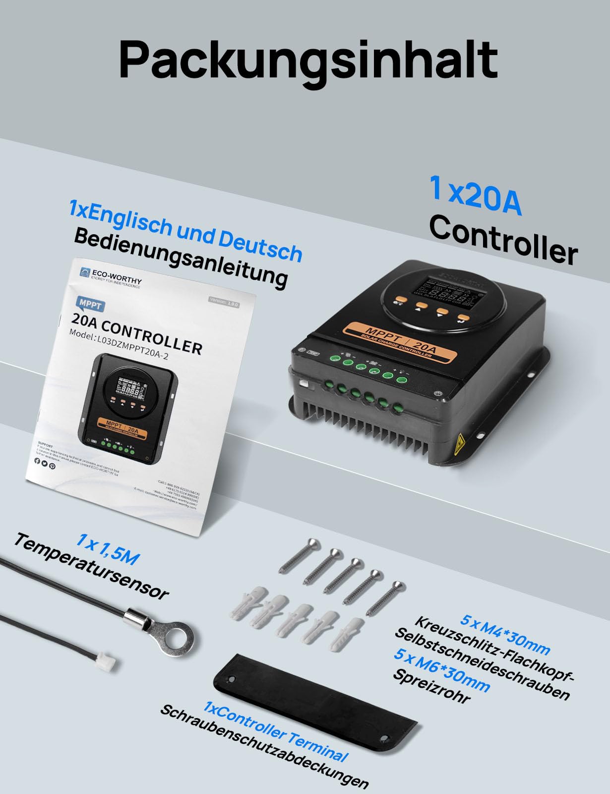 ECO-WORTHY 20A MPPT Laderegler, 12V/24V mit automatischer Erkennung, Bluetooth, App und Display, kompatibel mit Blei-Säure-/SLA-/FLD-/LFP-Batterien, geeignet für Wohnmobil und netzunabhängige System