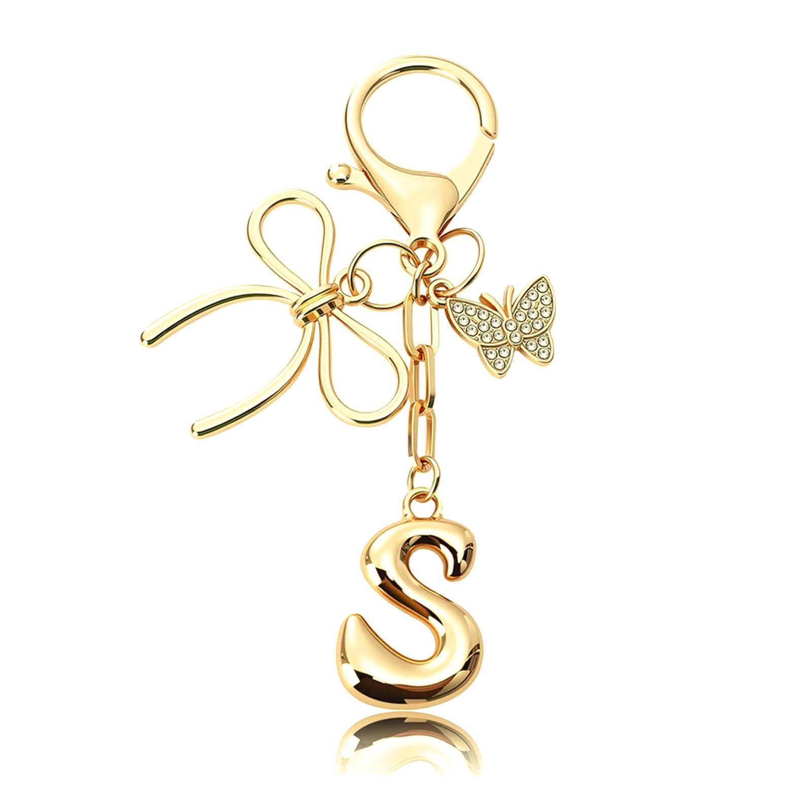 Aikobaa Women's S Gold Letter Keychain With Bow & Butterfly - Cute Initial Bag Charm For Purse Charm Gold For Tote Bag And Handbag (S)
