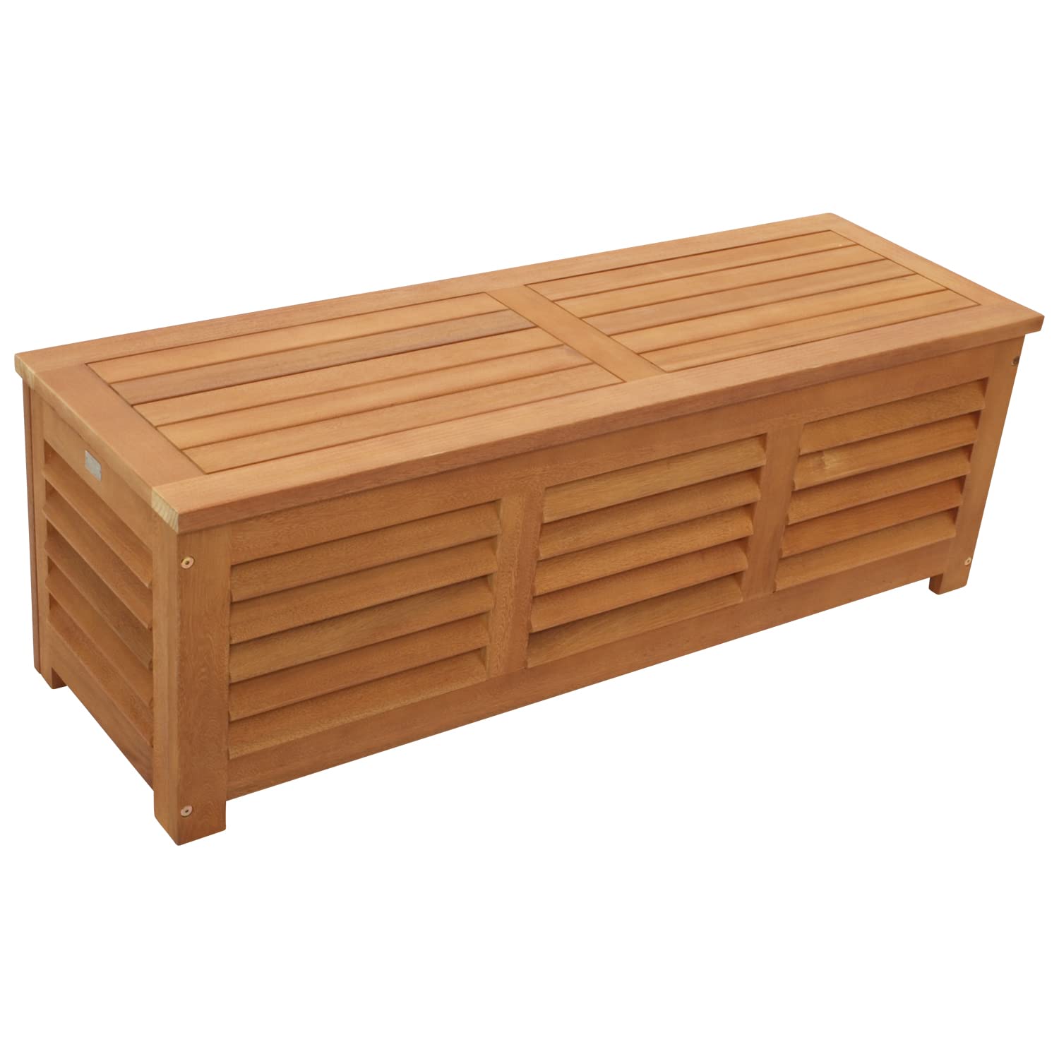 DEGAMO Kissenbox Kissentruhe mit Deckel 128 x 42 x 43,5 cm, Eukalyptus Holz braun geölt, mit Auflage grau, FSC®-Zertifiziert