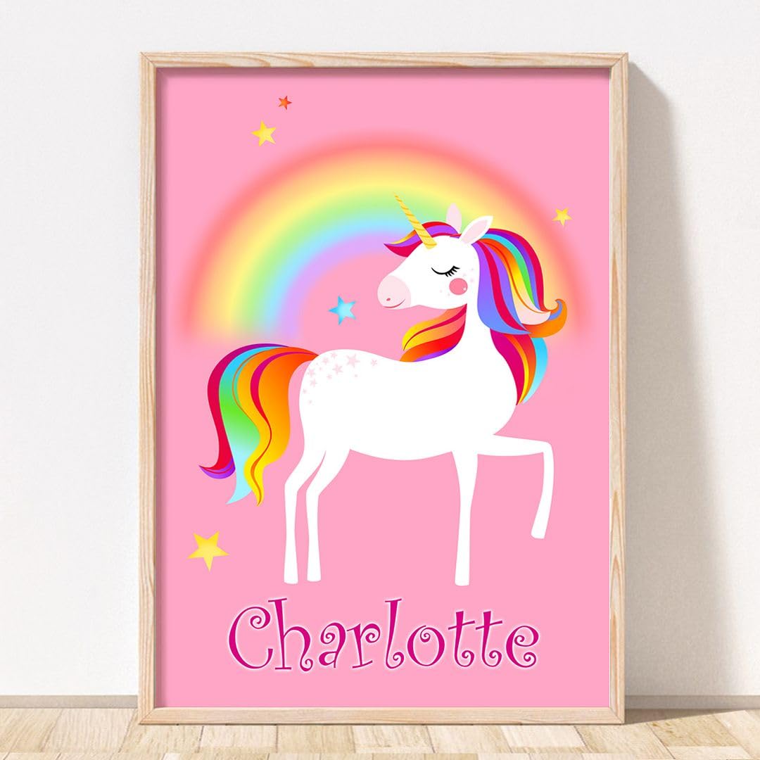 Rubybloom Designs Girls Single Print Personalised Dancing Rainbow Unicorns And Butterfly Prints - A4 (21Cm X 29.7Cm) Unframed - Name Childrens Gift Wall Art Picture