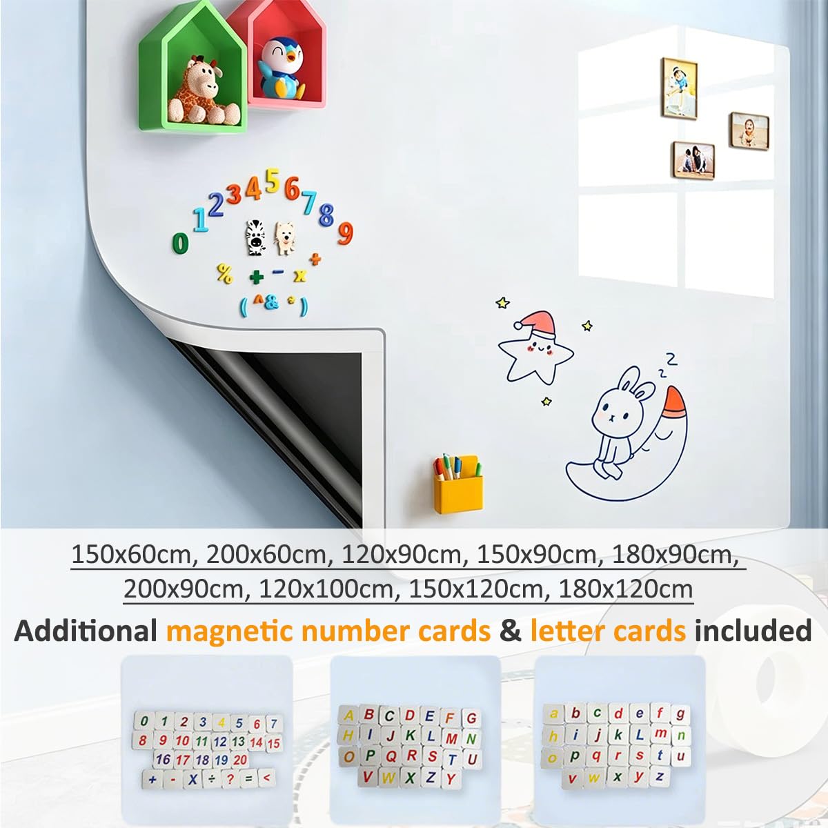 Magnetisches Whiteboard-Blatt, leicht zu beschreiben und abzuwischen, trocken abwischbar, Magnettafel für Memo-Listen, Büro und Zuhause, Whiteboard-Folie mit 3 Stiften/1 magnetischem Radiergummi/6