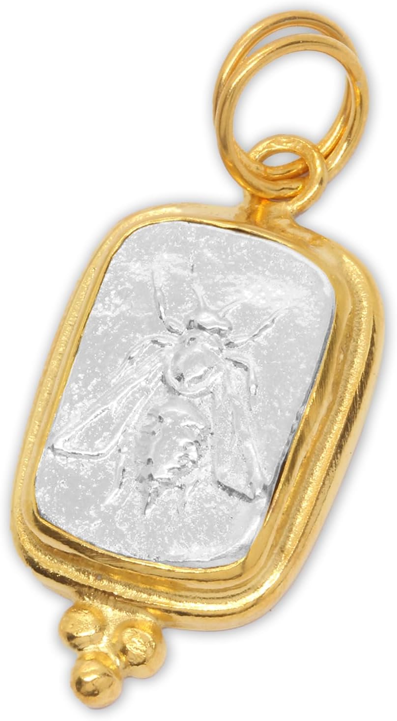 Caprixus 925 Sterling Silver Pendant Ancient Ephesus Honey Bee Coin 24K Yellow Gold Vermeil Handmade Granulated Designer Greek Art Artisan Turkish Fine Jewelry