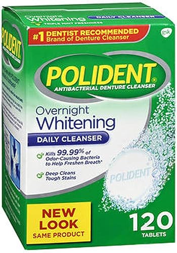 Polident Blanqueamiento durante la noche, limpiador antibacteriano para dentaduras, triple frescura de menta 120 ea (paquete de 3)