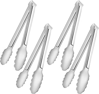 4 Pack Serving Tongs for Buffet,Metal Kitchen Tongs,Stainless Steel Food Tongs, Small Tongs for serving, Silver (7IN)