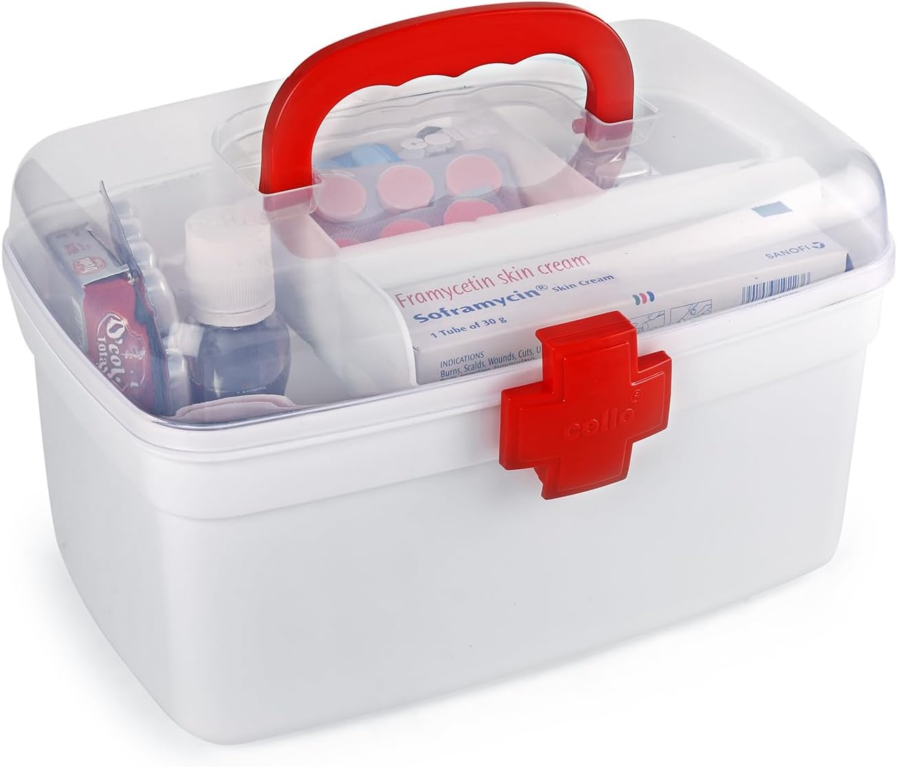 Medico First Aid Box Plastic | Tight locking mechanism with comfortable handle | Multi-function box suitable for storing medicines, bandages, ointments and medical tools | White and Red