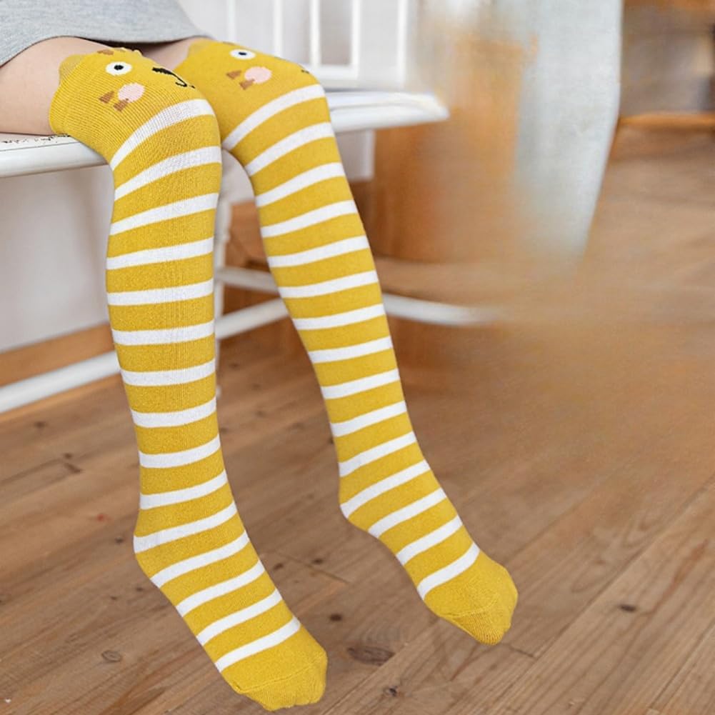 Lot de 5 paires de chaussettes hautes pour enfant fille - Chaussettes longues rayées - Chaussettes en coton - Chaussettes colorées sans couture - Chaussettes mignonnes - Caricature animal