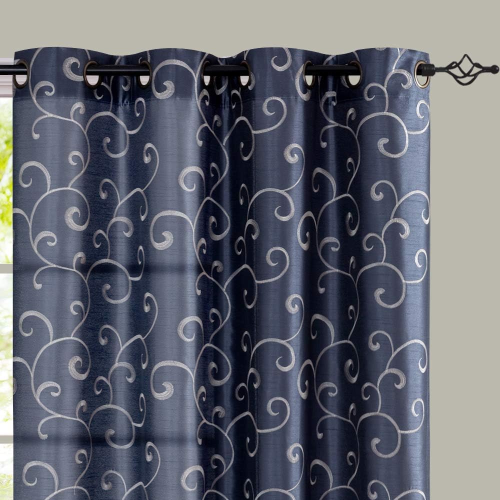 jinchan Curtains Blue Living Room Drapes Faux Silk Dupioni Swirl Embroidery Grommet Top Window Treatment Set Embroidered Drapery Bedroom Curtain 96 inches Set 2 Panels