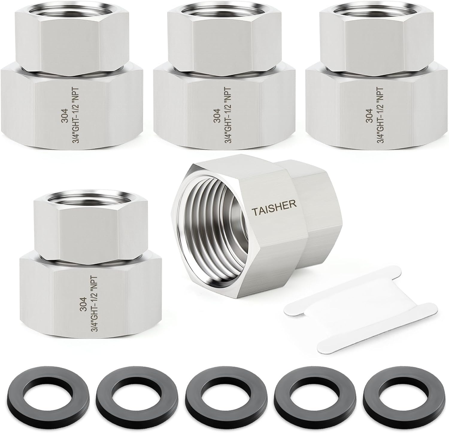 TAISHER 5PCS 304 Stainless Steel Garden Hose Adapter, 3/4" GHT Female x 1/2" NPT Female Swivel Garden Hose Connector with Washers
