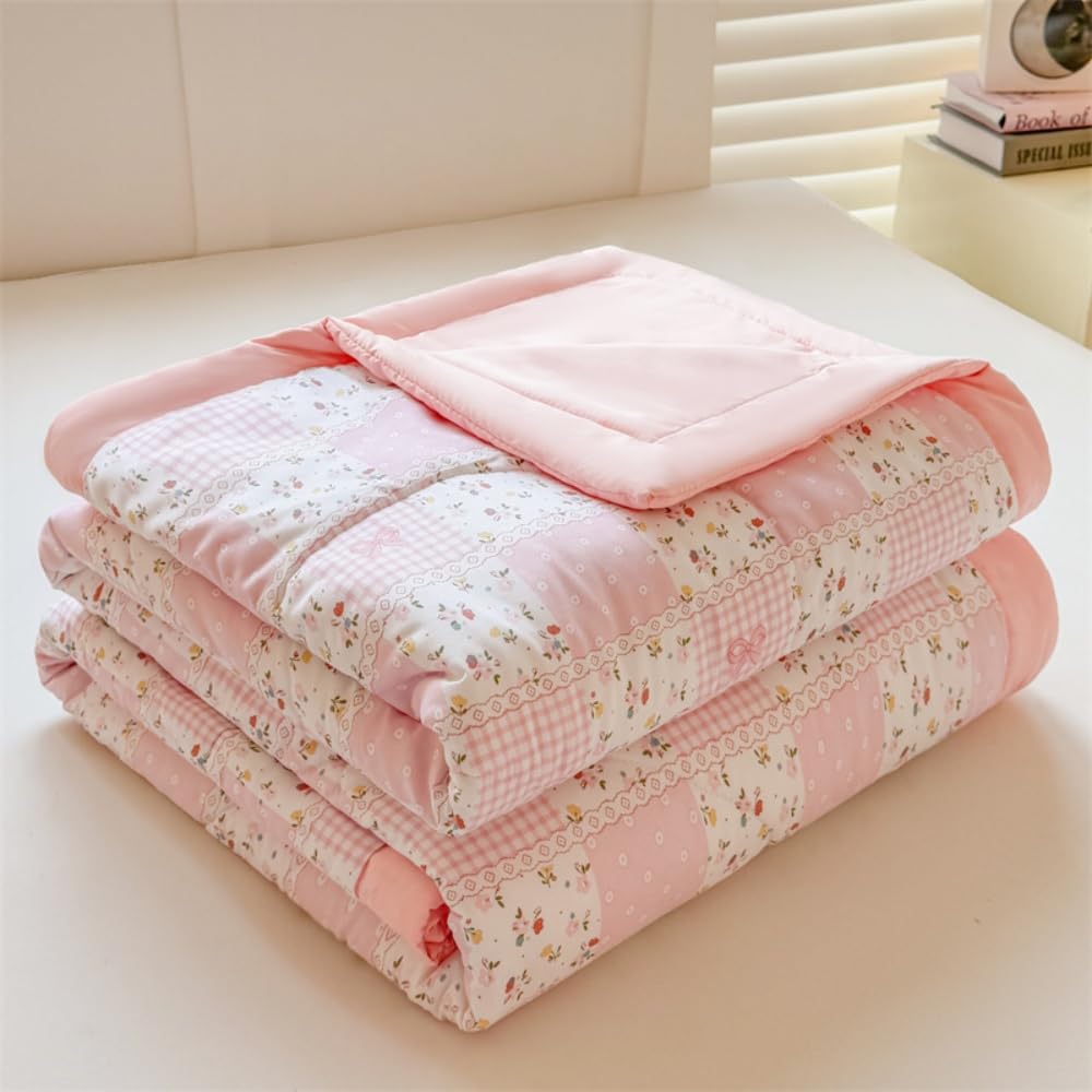 Trapuntino Copriletto Estivo Primaverile, Trapunta Leggera, Fiori Copriletto Trapuntato Cotone per Letto Singolo Letto Matrimoniale (Rosa chiaro,150x200)