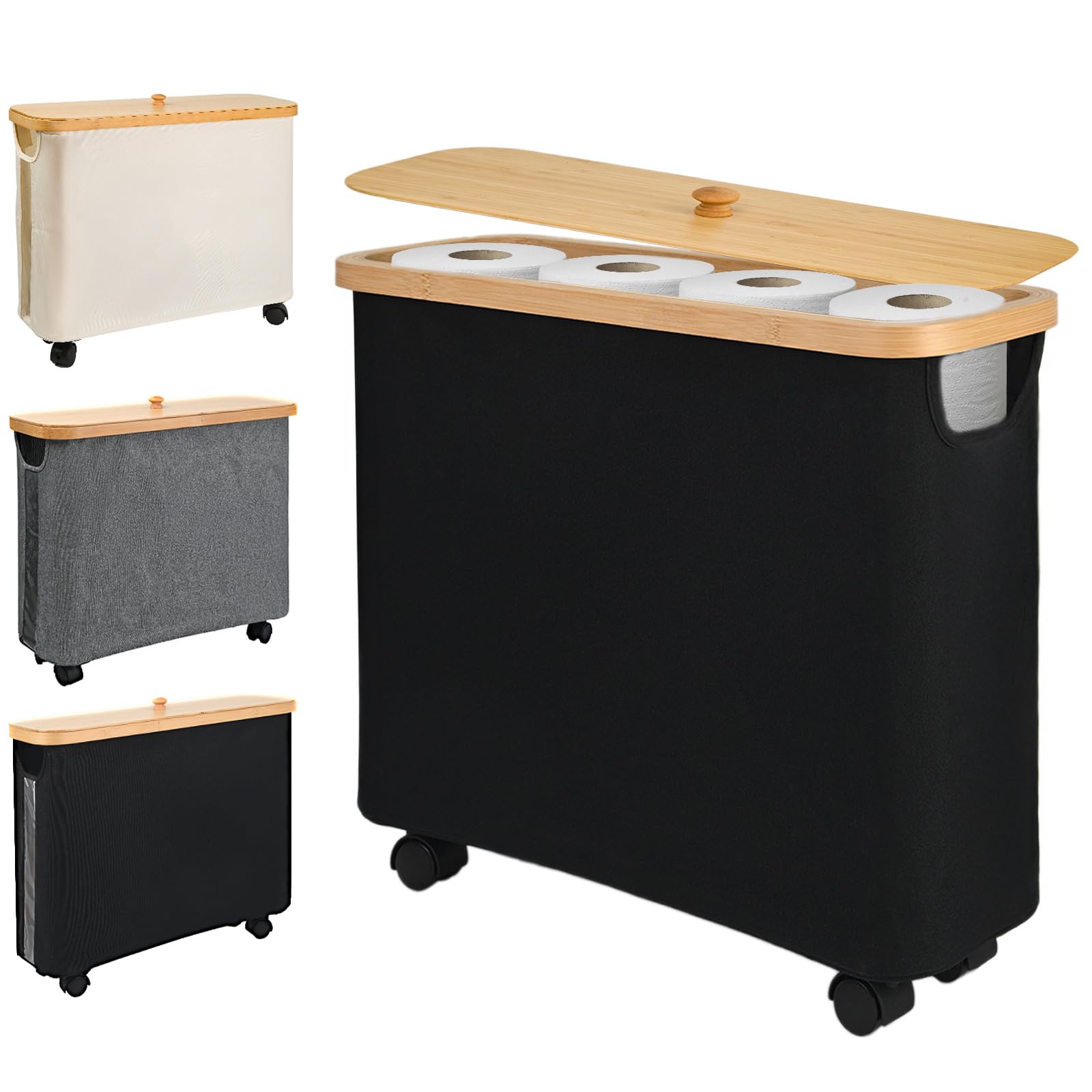 Toilet Paper Organizer with Wheel Bamboo Toilet Paper Storage with Lid and Handle Toilet Papers Holder for Bathroom Free Standing 23L Papers Basket for 9-12 Rolls Bathroom Accessories, Black