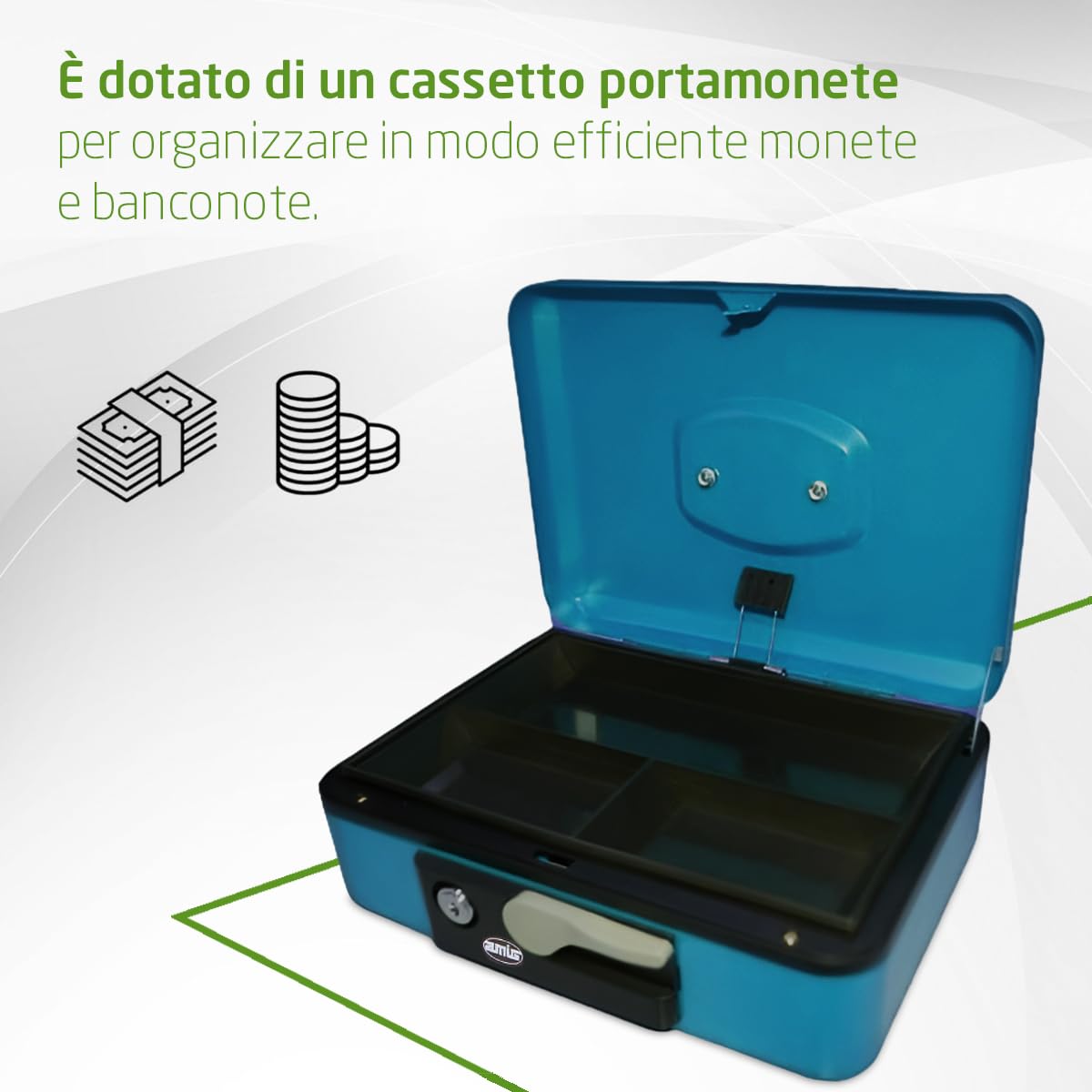 Cassaforte Blu Amig Per Denaro E Valori - Acciaio, 230x185x80 Mm, Con Vassoio E 2 Chiavi - Foto 12