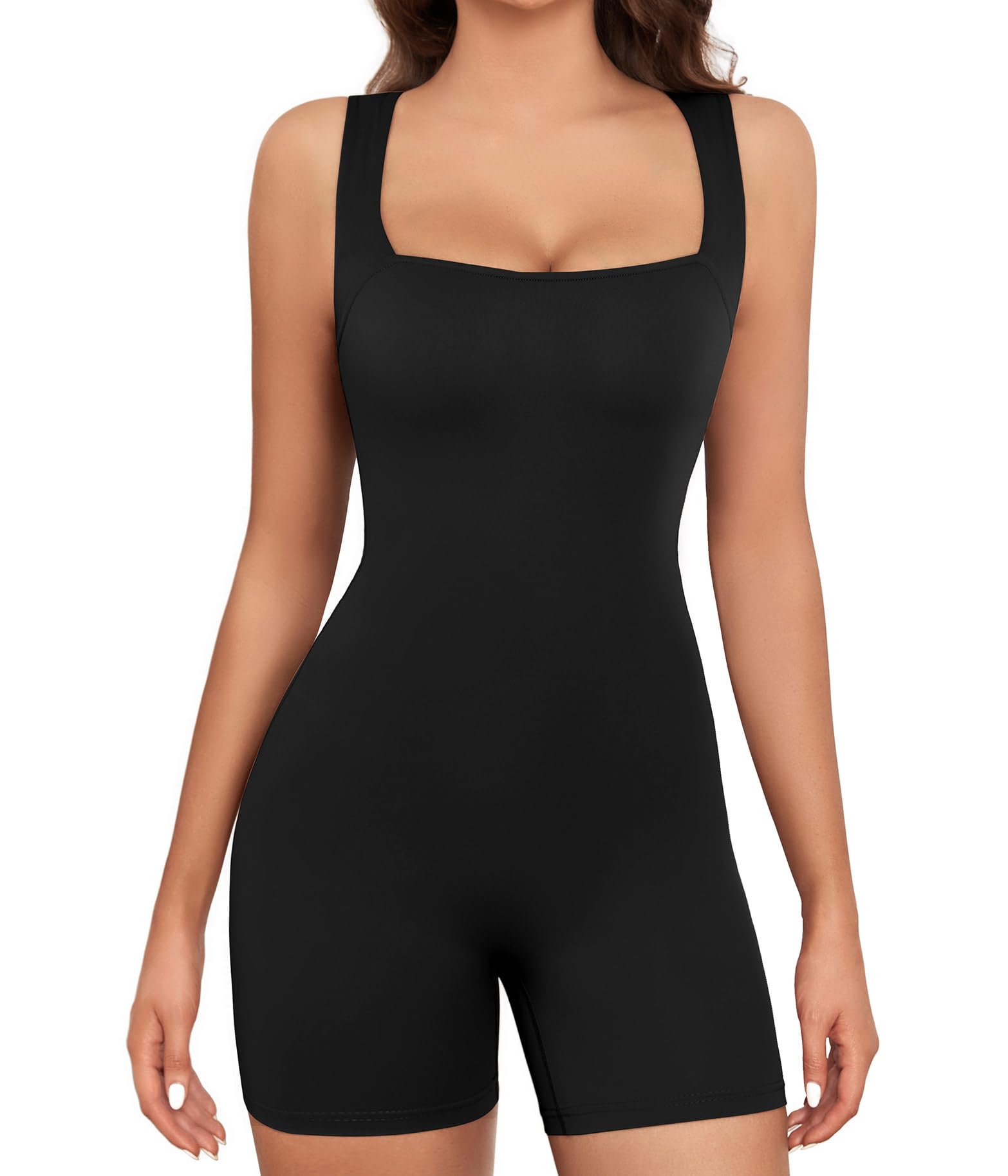 heekpek Body Mujer sin Mangas Elastico Bodysuit Deporte Mono Corto de Mujer Cuello Cuadrado Tank Top Workout Bodysuit Entero Sexy Jumpsuit
