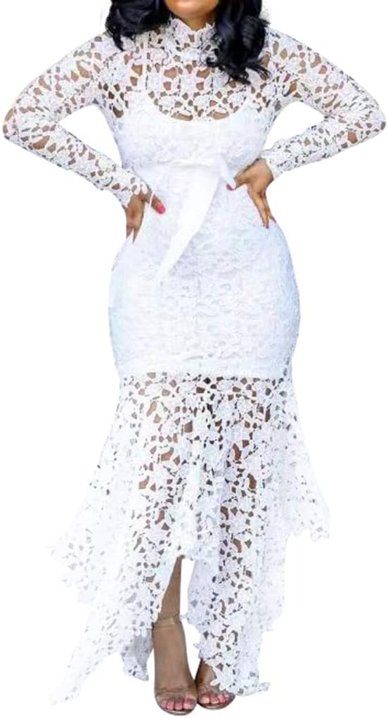 VERWIN Hollow Floor-Length Lace-Up Asymmetrical Women's Maxi Dress Sexy Lace Dress Party Evening Dress