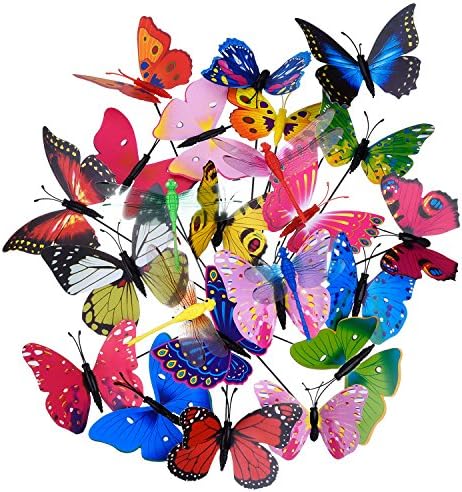 20 Pieces Garden Butterflies Stakes and 4 Pieces Dragonflies Stakes Garden Ornaments for Yard Patio Party Decorations, Totally 24 Pieces (Normal)