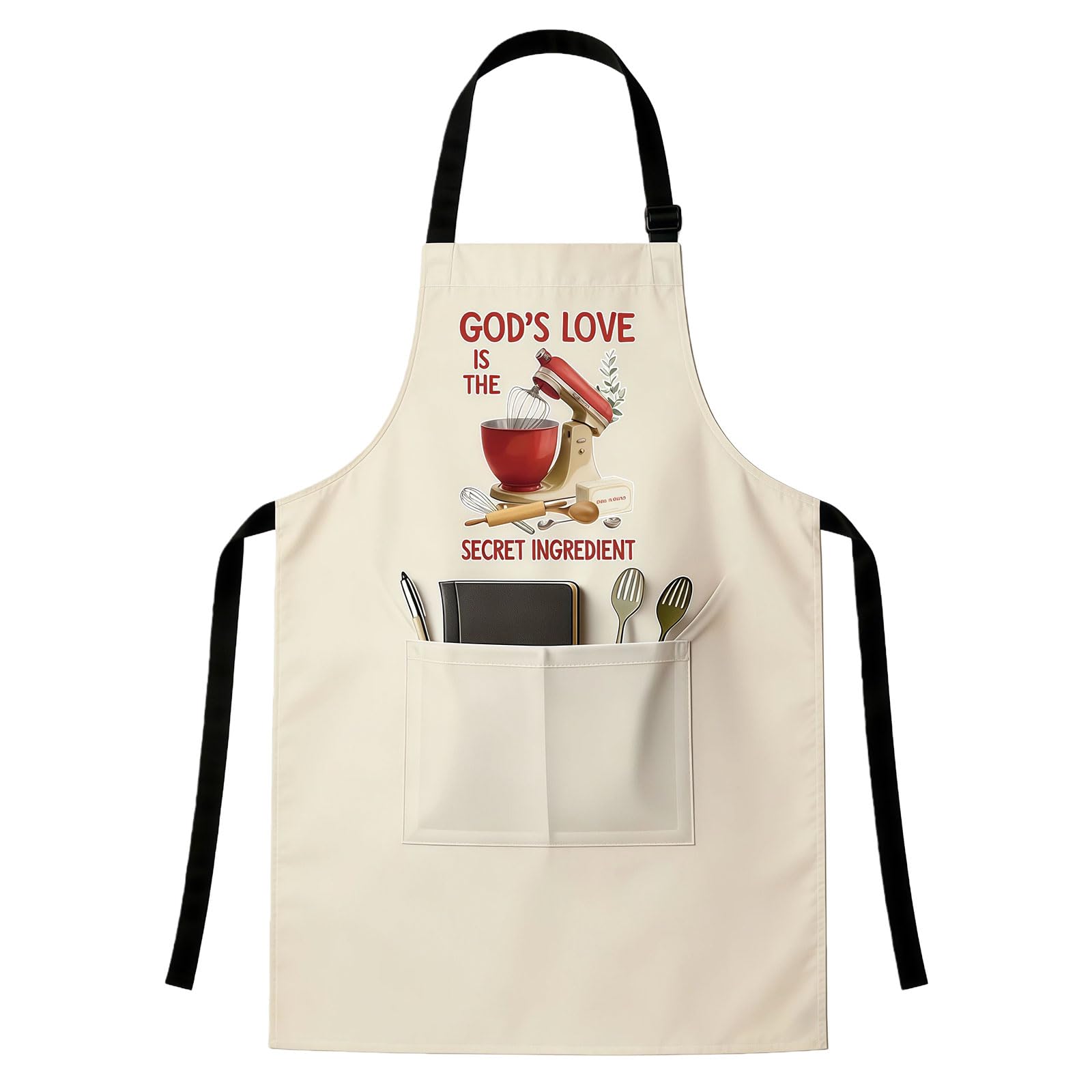 Ruispeed Christian Apron for Women Men, Cooking Kitchen BBQ Chef Bible Aprons Gifts for Christian Lover, Adjustable Neck Strap with 2 Pockets, Love is The Secret Ingrendient