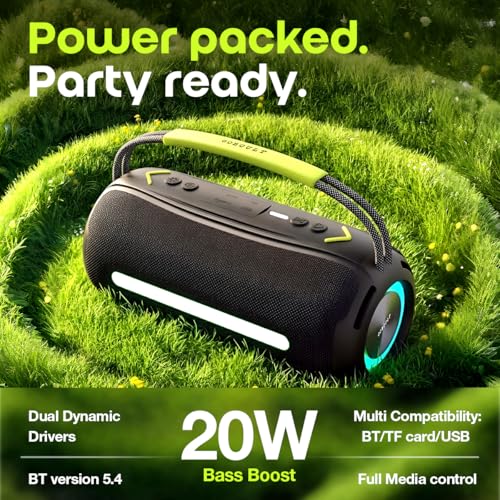 Image of GOBOULT Groove Q20 Bluetooth Speaker with 20 Watt BoomX Audio, Up to 8 Hrs Playtime, Type-C Charging, TF Card /USB & Bluetooth 5.4 Compatible, Made in India Portable Speaker (Jet Black)