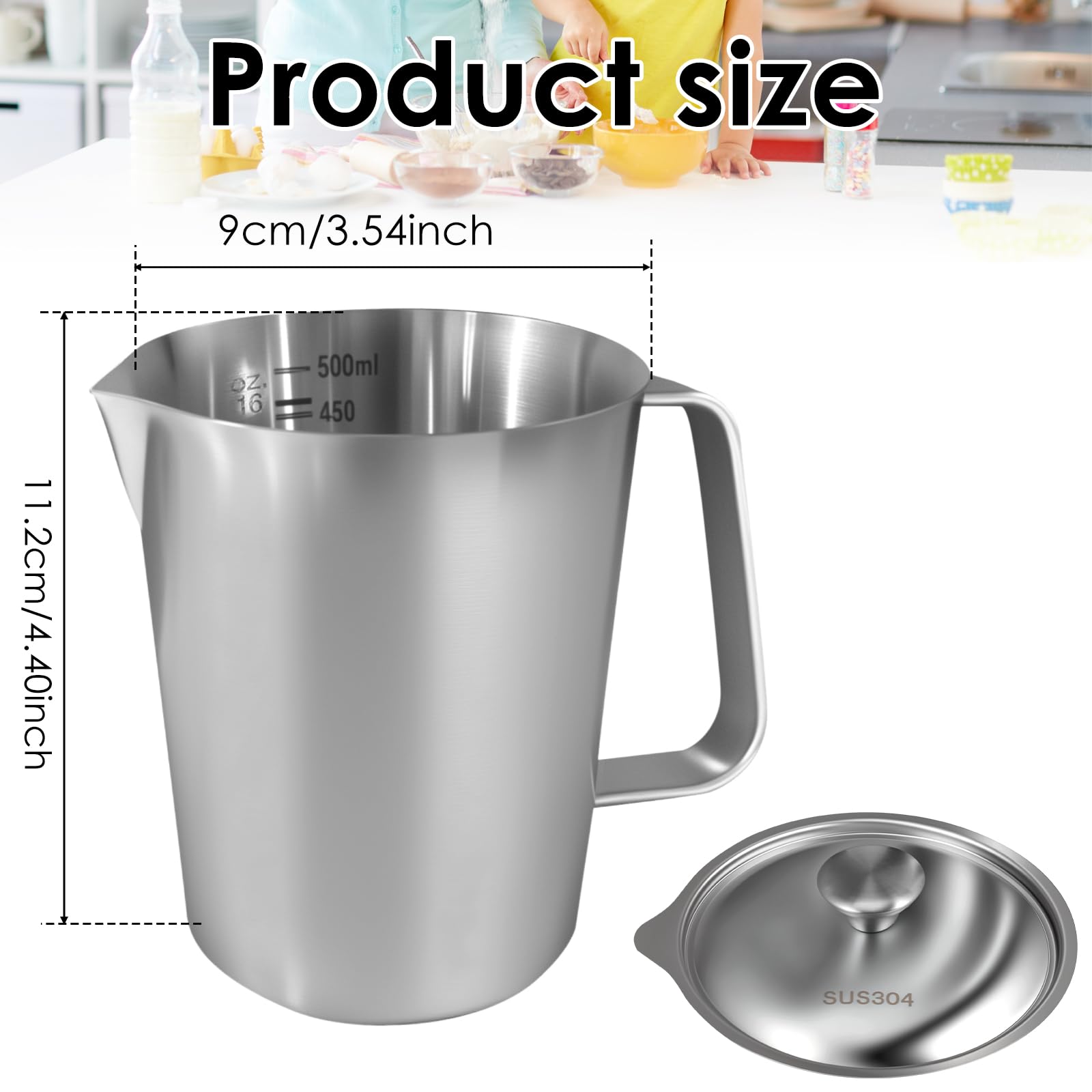 500ml Milchkännchen mit Feiner Graduierung Deckel Messbecher Edelstahl Milk Pitcher Milchkanne Edelstahl für Zuhause Küche Restaurant Bar Café Treffpunkt (500ml)