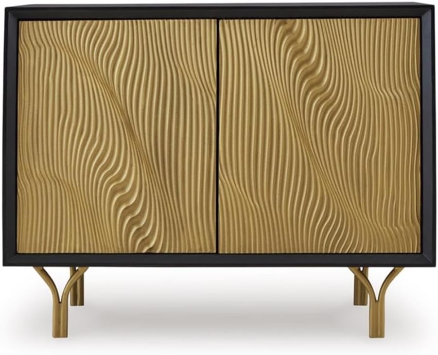 BOWERY HILL Wood Accent Cabinet, Black and Gold Finish, 40" W x 17" D x 32" H, Goldtone Carved Door Fronts, Push Magnet Doors, 1 Shelf, Contemporary Style Sideboard for Living Room or Bar Area