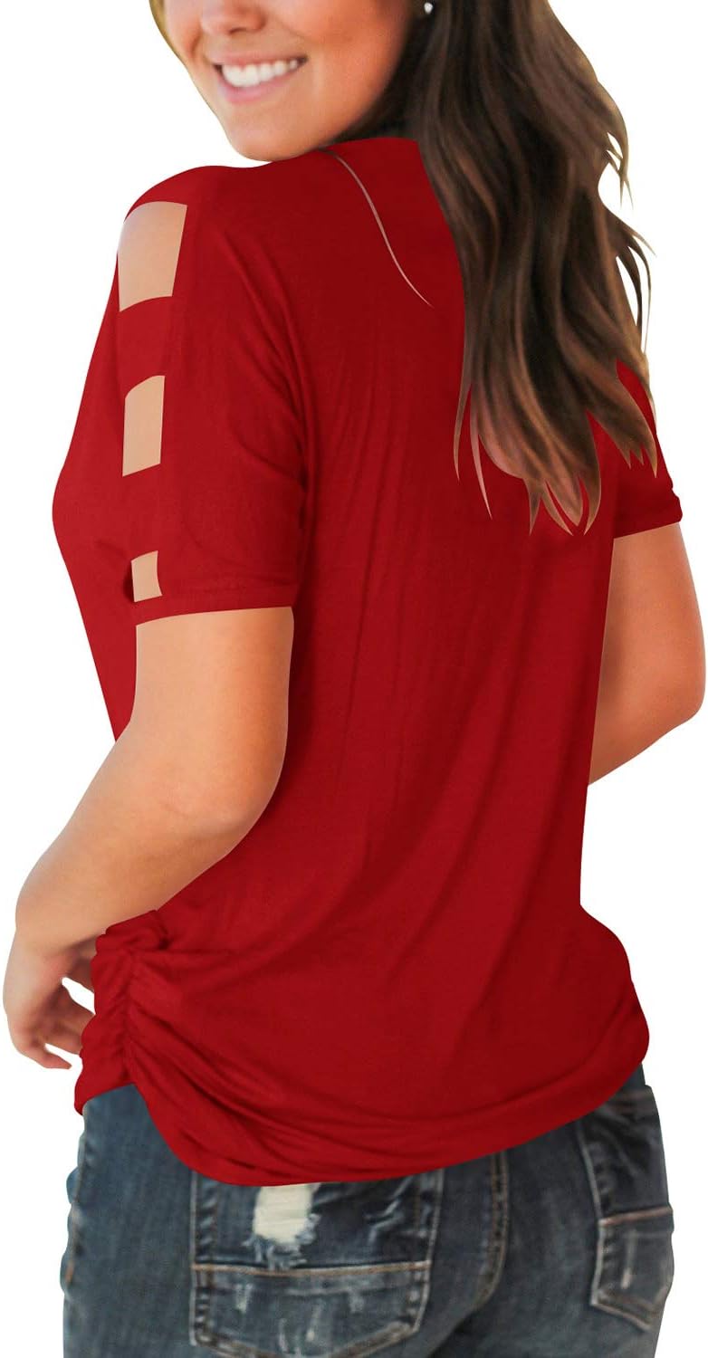 Jescakoo Women's Short Sleeve Cut Out Cold Shoulder Tops Deep V Neck T Shirts - Image 5