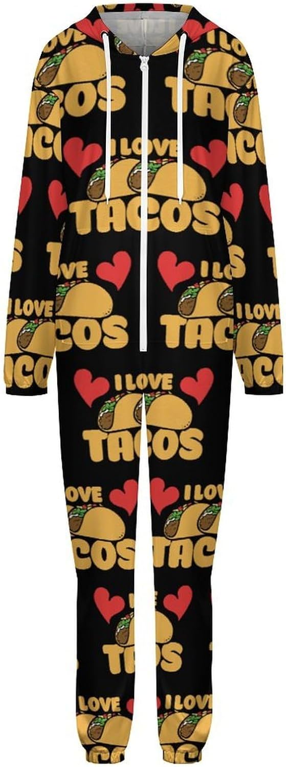I Love Tacos Adult Pajamas Onesie with Hood Pocket Jumpsuits One Piece Sleepwear