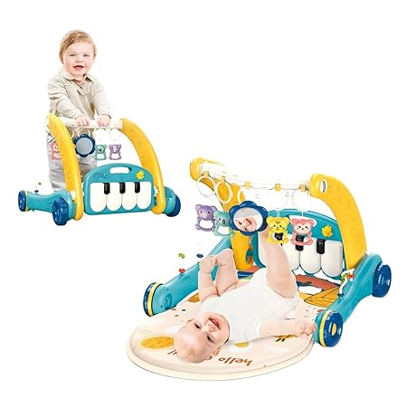 Toyshine 2 in 1 Sleep to Sit to Stand Learning Walker with Musical Piano Rack Along with Baby Gym Cum Play mat Activity Center Toy for Newborn to Toddler Early Dvelopment - Multicolor
