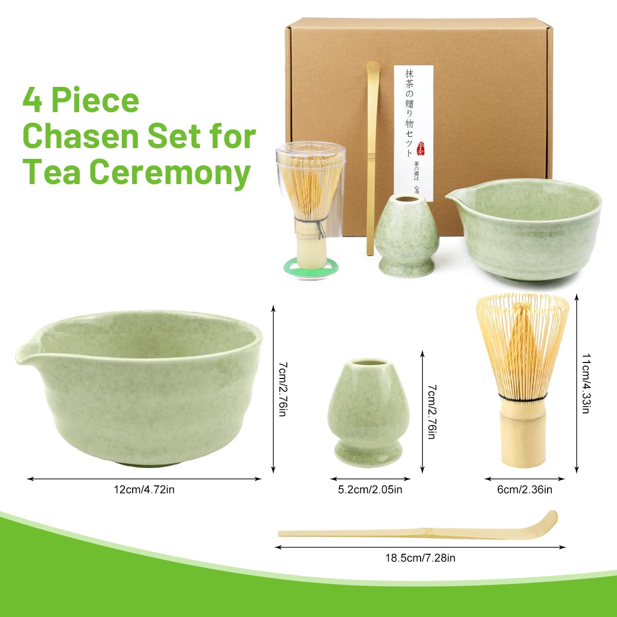 Set Matcha Cerimoniale 4 Pezzi – Matcha Kit Tradizionale con Ciotola, Frustino Bambù, Supporto & Cucchiaino – Kit Matcha per Tè Matcha Giapponese – Ideale per Amanti del Matcha